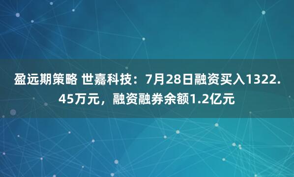 盈远期策略 世嘉科技：7月28日融资买入1322.45万元，融资融券余额1.2亿元